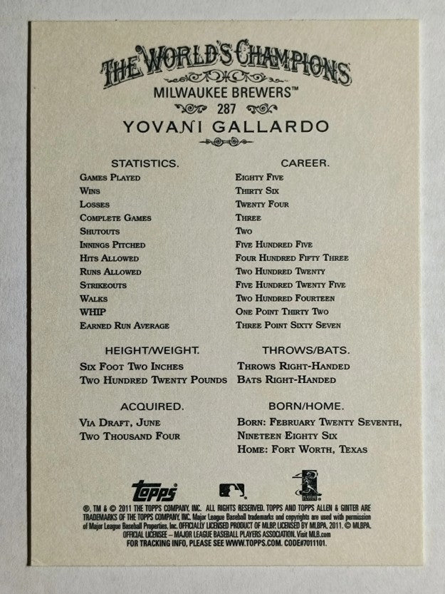 2011 Topps Allen and Ginter #287 Yovani Gallardo