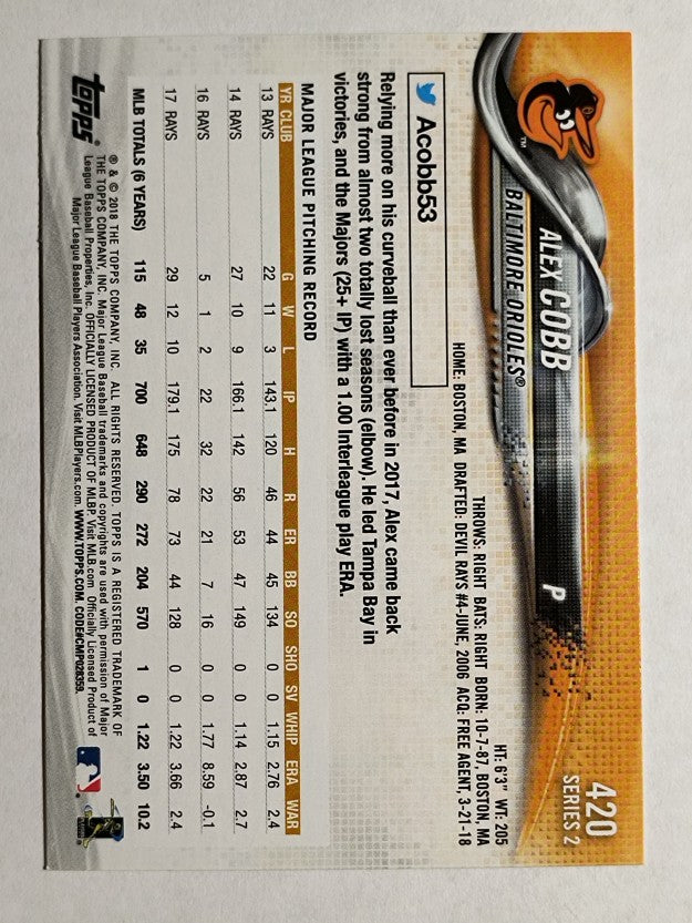 2018 Topps #420 Alex Cobb