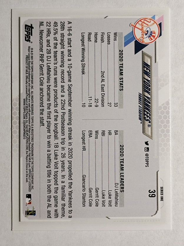 2021 Topps #39 New York Yankees TC