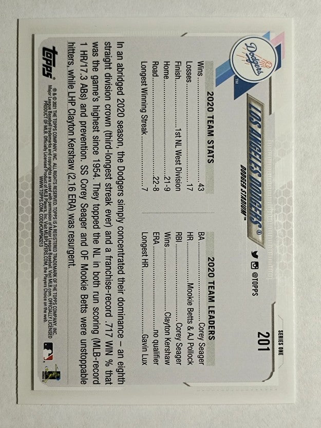 2021 Topps #201 Los Angeles Dodgers TC