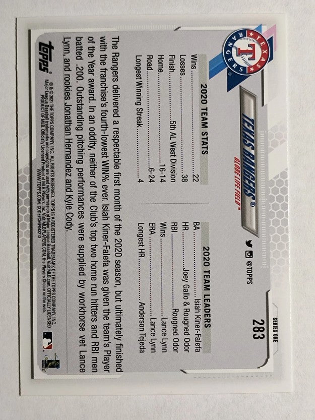2021 Topps #283 Texas Rangers TC