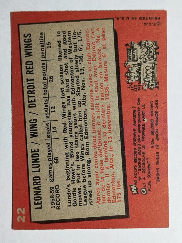 1959-60 Topps #22 Len Lunde (EX)