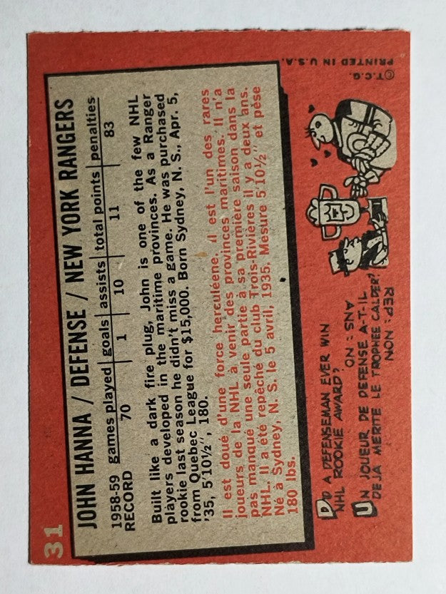 1959-60 Topps #31 John Hanna (VGEX)
