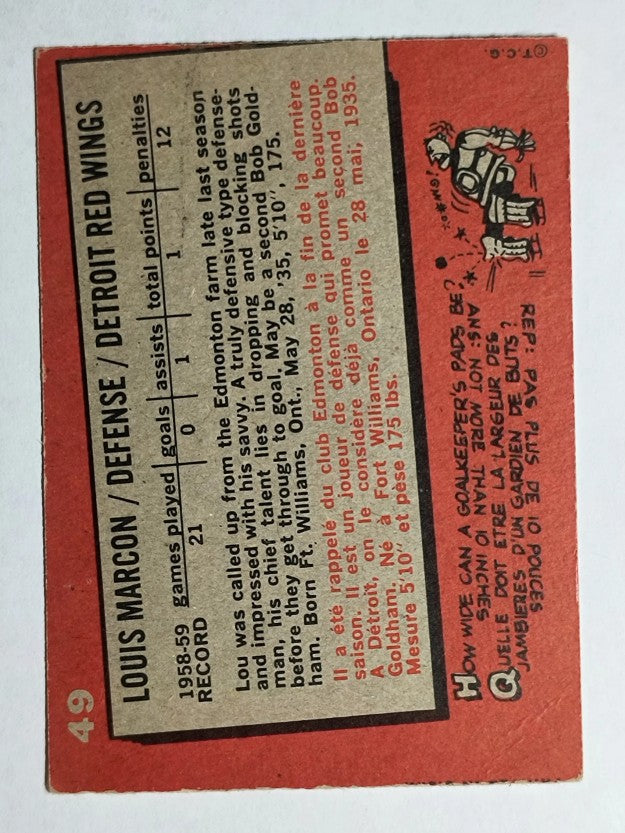 1959-60 Topps #49 Lou Marcon RC (EX)
