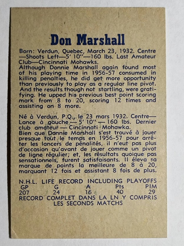 1957-58 Parkhurst #M8 Don Marshall (EXMT)