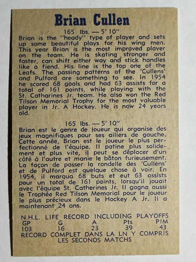 1957-58 Parkhurst #T9 Brian Cullen (EXMT)