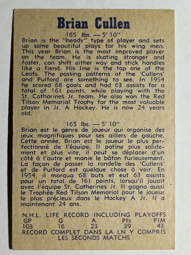 1957-58 Parkhurst #T9 Brian Cullen (EX)