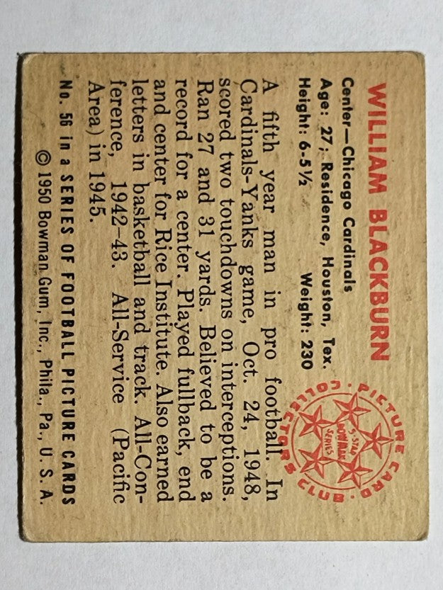 1950 Bowman #56 Bill Blackburn RC (VGEX)