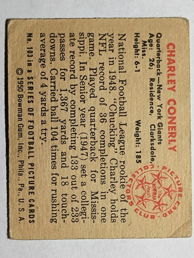 1950 Bowman #103 Charley Conerly (VG)