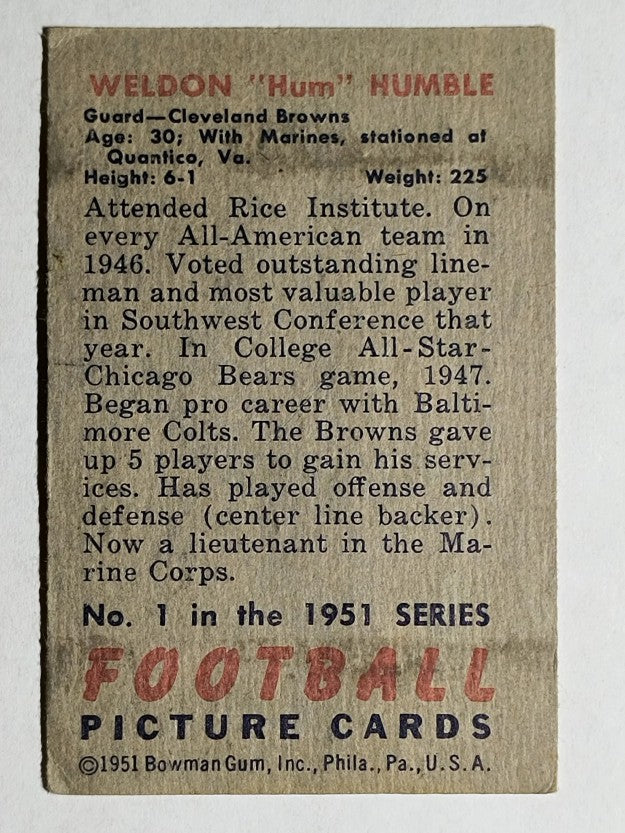 1951 Bowman #1 Weldon Humble RC (VG)