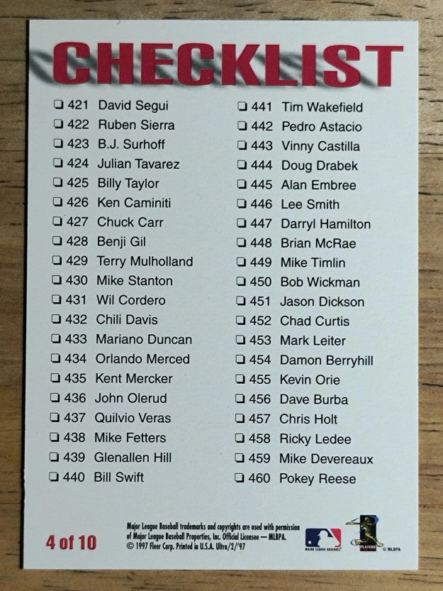 1997 Ultra Checklists #B4 Alex Rodriguez