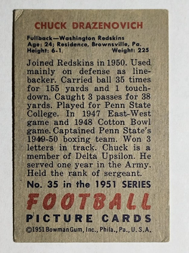 1951 Bowman #35 Chuck Drazenovich RC (VGEX)