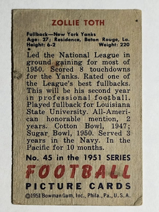 1951 Bowman #45 Zollie Toth RC (VG)