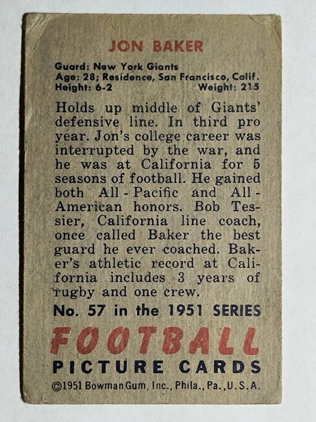 1951 Bowman #57 Jon Baker RC (VG)