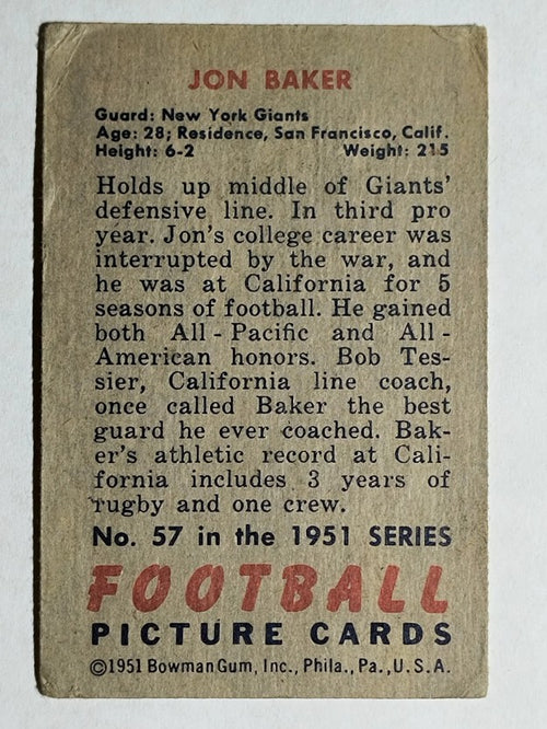 1951 Bowman #57 Jon Baker RC (VG)