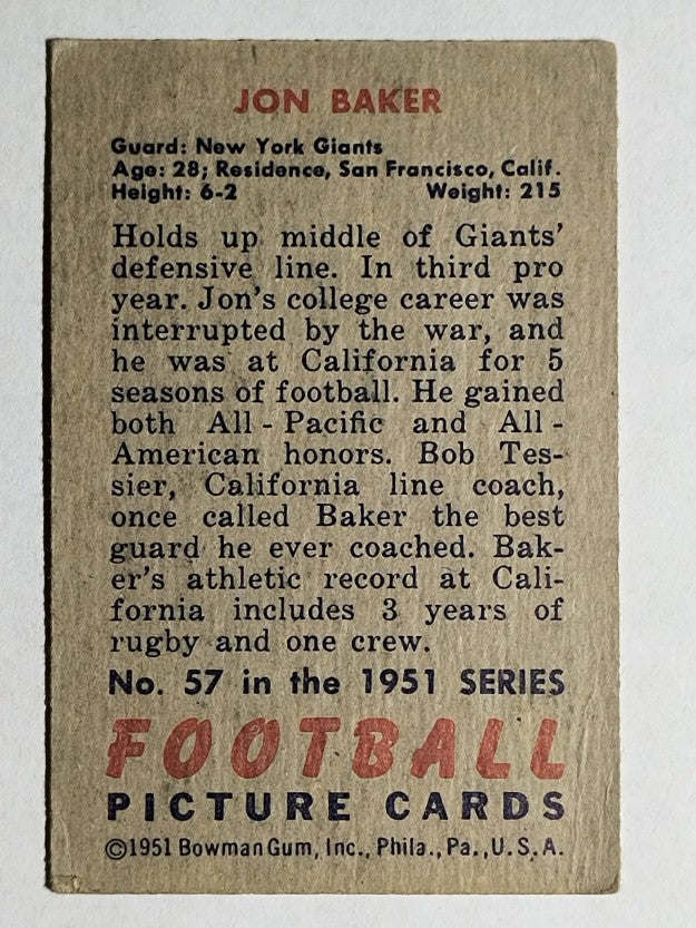 1951 Bowman #57 Jon Baker RC (VGEX)