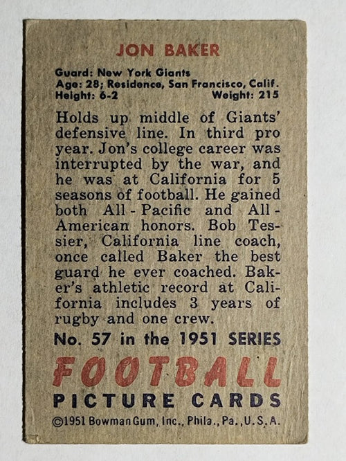 1951 Bowman #57 Jon Baker RC (VGEX)