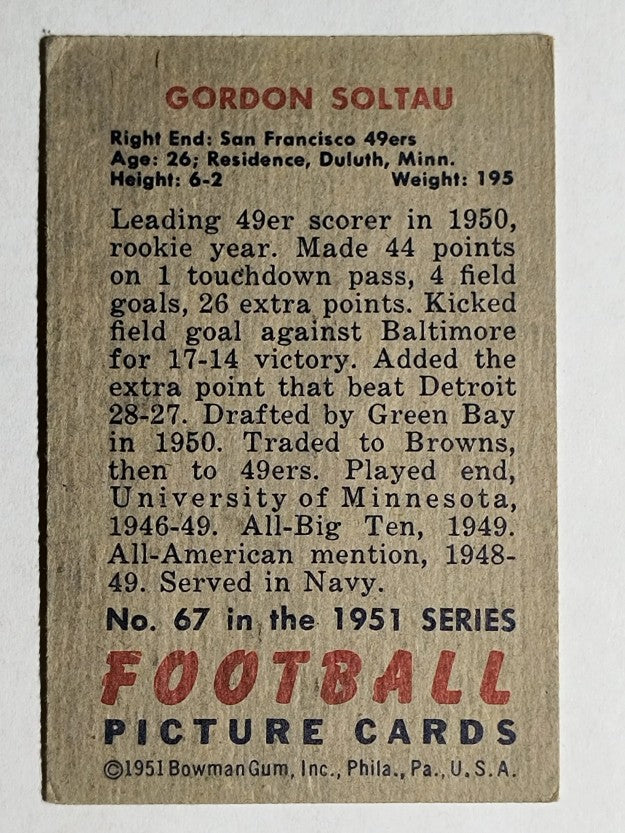 1951 Bowman #67 Gordy Soltau RC (EX)