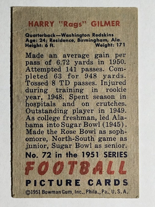 1951 Bowman #72 Harry Gilmer (VGEX)