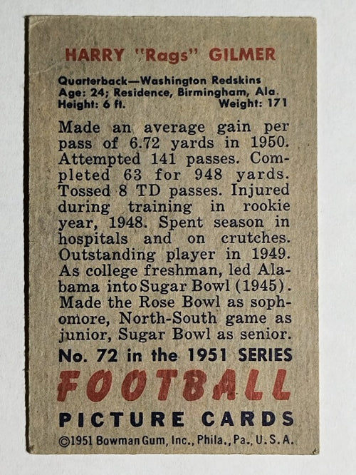 1951 Bowman #72 Harry Gilmer (VGEX)