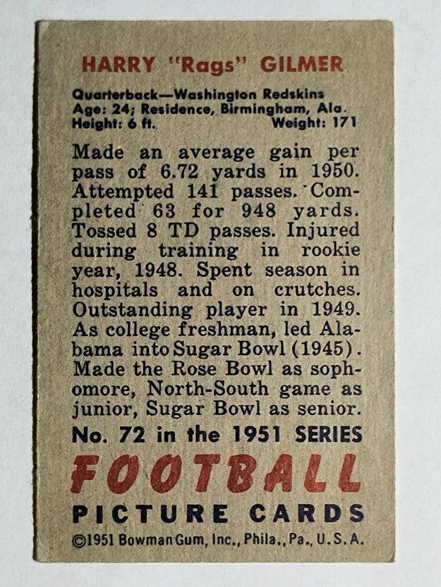 1951 Bowman #72 Harry Gilmer (VGEX)
