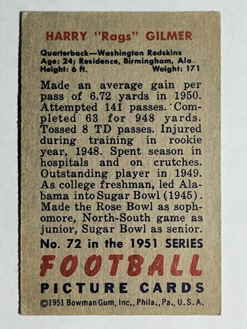 1951 Bowman #72 Harry Gilmer (VGEX)