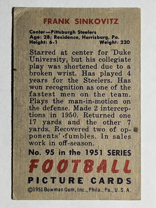 1951 Bowman #95 Frank Sinkovitz (VGEX)
