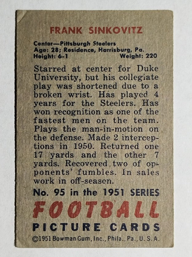 1951 Bowman #95 Frank Sinkovitz (VGEX)