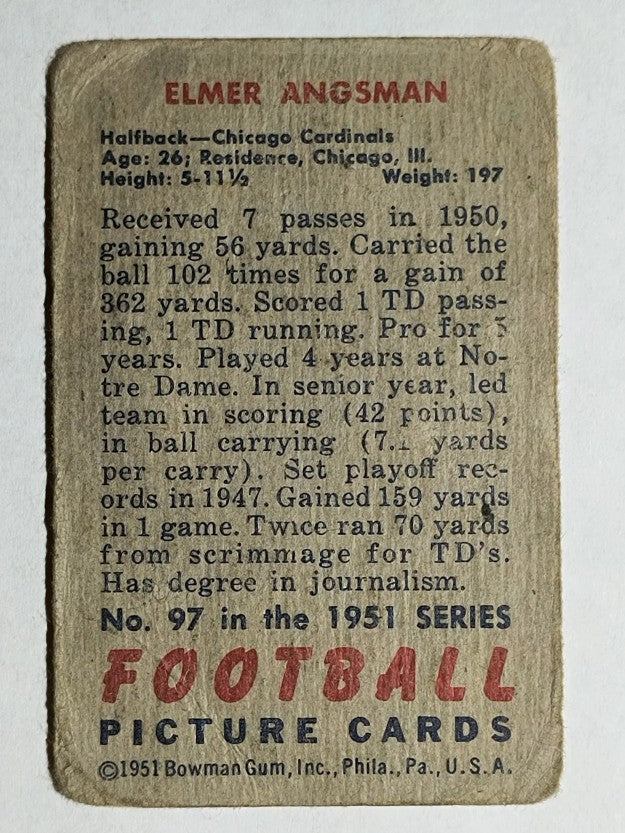 1951 Bowman #97 Elmer Bud Angsman (POOR)