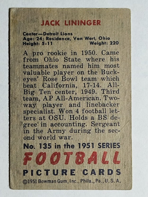 1951 Bowman #135 Jack Lininger RC (VG)
