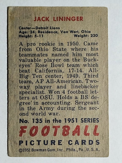 1951 Bowman #135 Jack Lininger RC (VG)