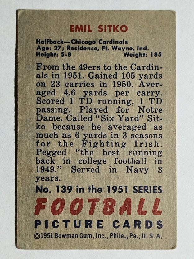 1951 Bowman #139 Emil Sitko (VG)