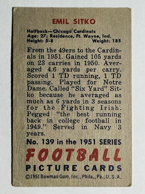 1951 Bowman #139 Emil Sitko (VG)