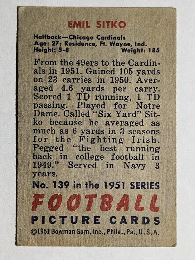 1951 Bowman #139 Emil Sitko (VGEX)
