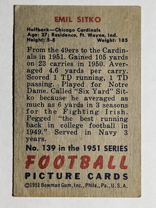 1951 Bowman #139 Emil Sitko (VGEX)