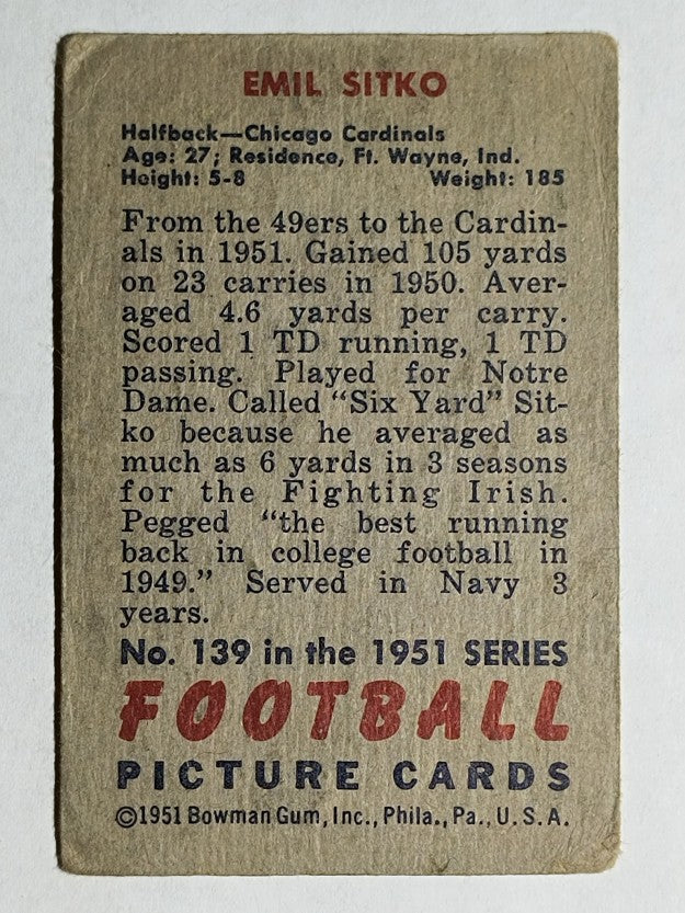 1951 Bowman #139 Emil Sitko (VG)