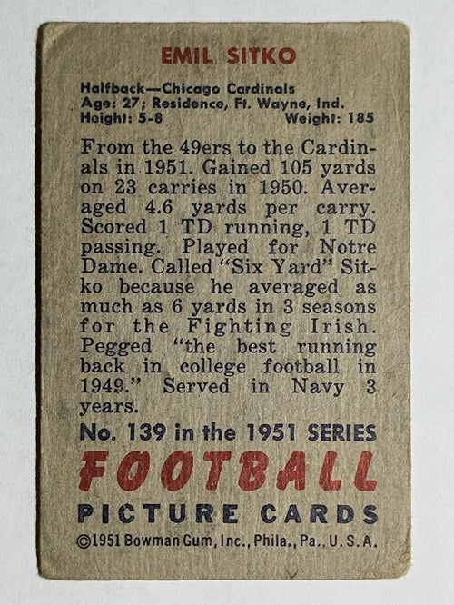 1951 Bowman #139 Emil Sitko (VG)