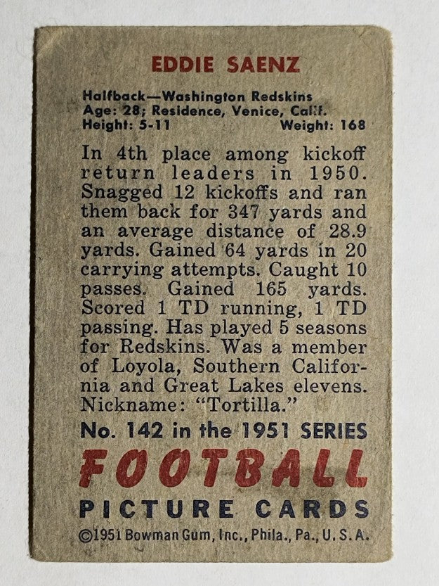 1951 Bowman #142 Eddie Saenz RC (VG)