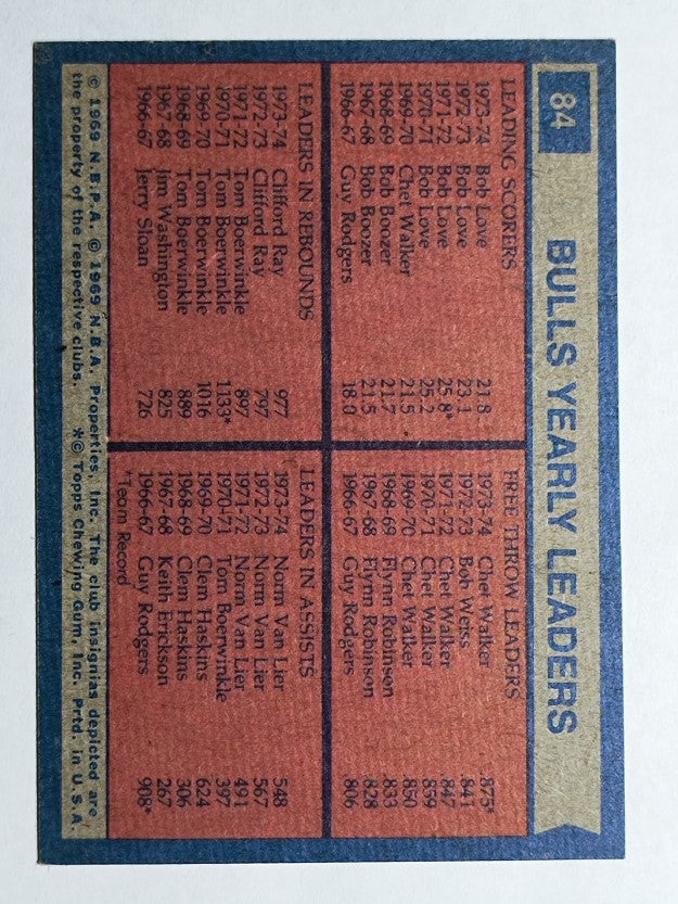 1974-75 Topps #84 Bob Love/Chet Walker/Clifford Ray/Norm Van Lier TL (NMMT)