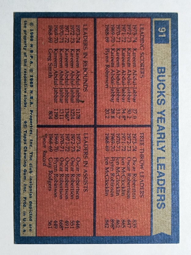1974-75 Topps #91 Kareem Abdul-Jabbar/Oscar Robertson TL (NM)