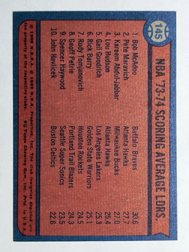 1974-75 Topps #145 Bob McAdoo/Pete Maravich/Kareem Abdul-Jabbar LL (NM)