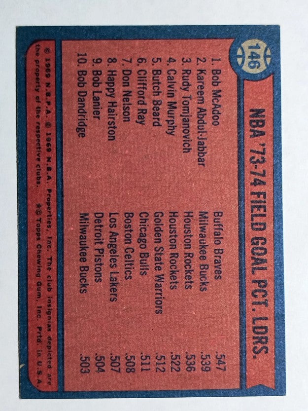 1974-75 Topps #146 Bob McAdoo/Kareem Abdul-Jabbar/Rudy Tomjanovich LL (NMMT)