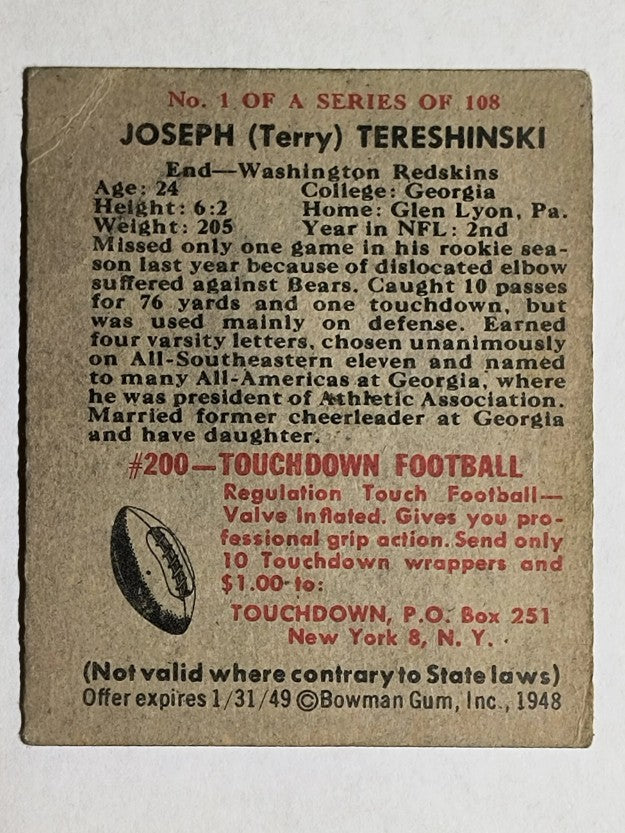 1948 Bowman #1 Joe Tereshinski RC (VG)