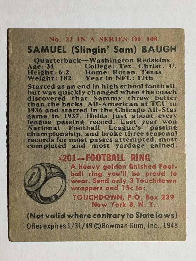 1948 Bowman #22 Sammy Baugh RC (EX)