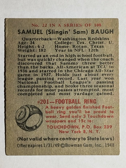 1948 Bowman #22 Sammy Baugh RC (EX)