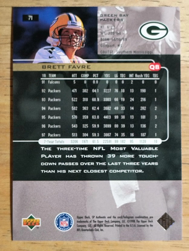 1998 SP Authentic #71 Brett Favre