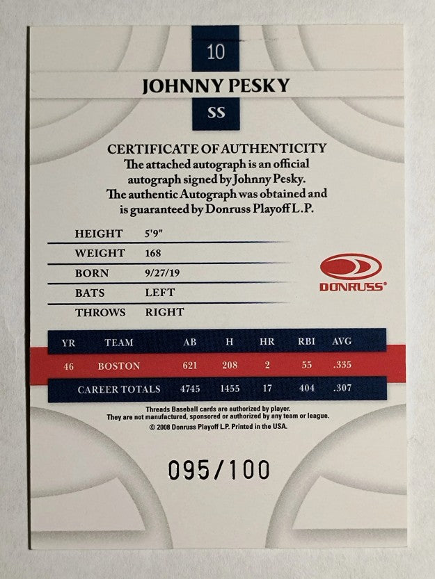 2008 Donruss Threads Signatures Gold #10 Johnny Pesky/100