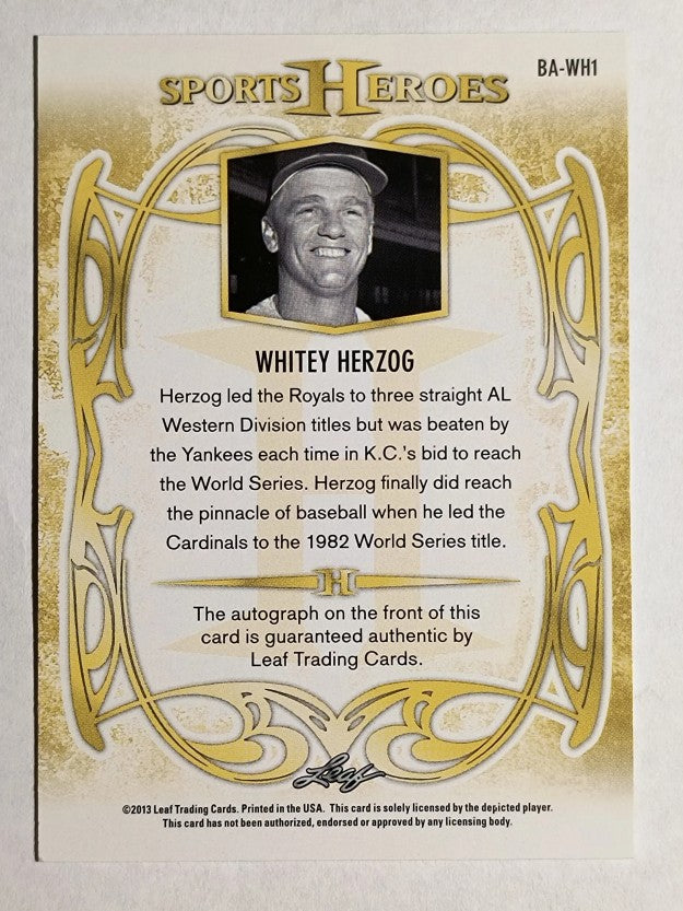 2013 Leaf Sports Heroes #BAWH1 Whitey Herzog