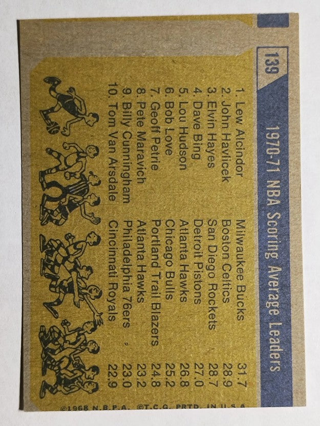 1971-72 Topps #139 Lew Alcindor/John Havlicek/Elvin Hayes LL (VGEX)