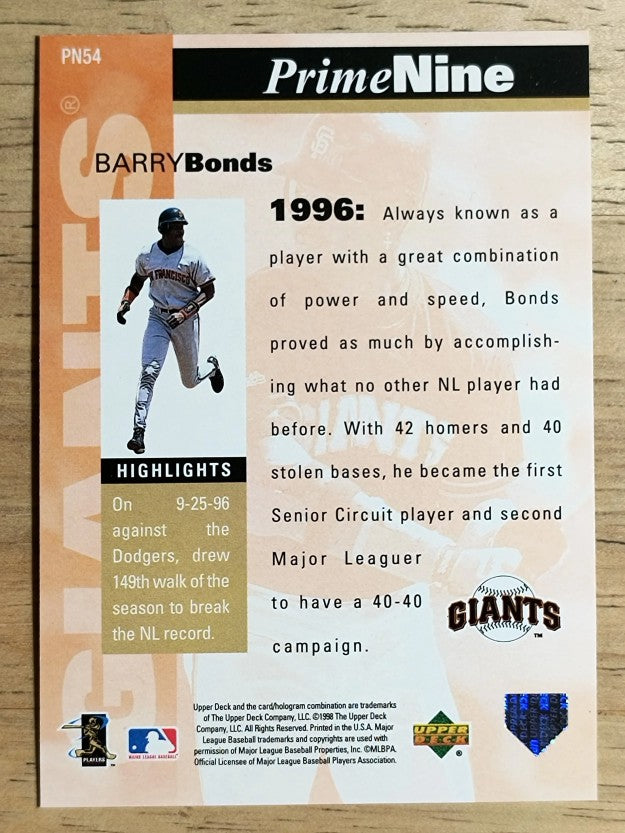 1998 Upper Deck Prime Nine #PN54 Barry Bonds/1996
